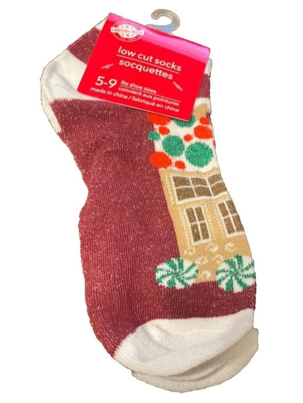 Womens Socks Low Cut Christmas Size 5-9 Gingerbread House Design NWT